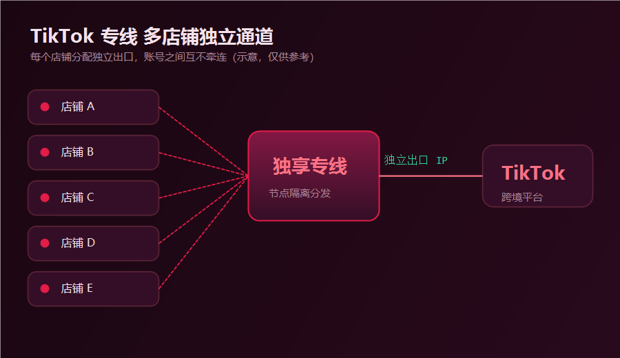 TikTok专线多店铺独立通道示意，五个店铺各自经独享节点分发到跨境平台